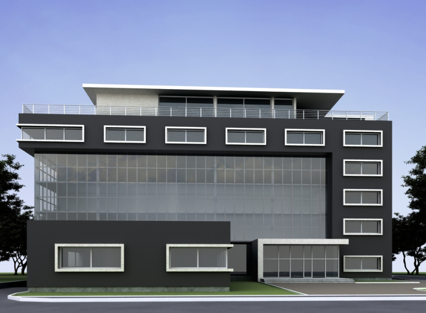 3d design of front elevation view of corporate office 