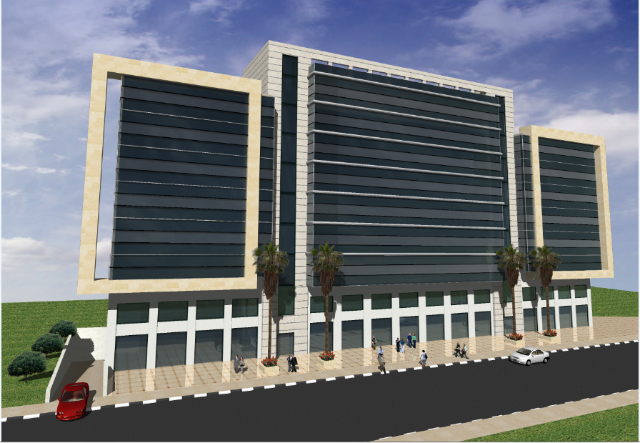 3d design of front elevation view of office building dwg 