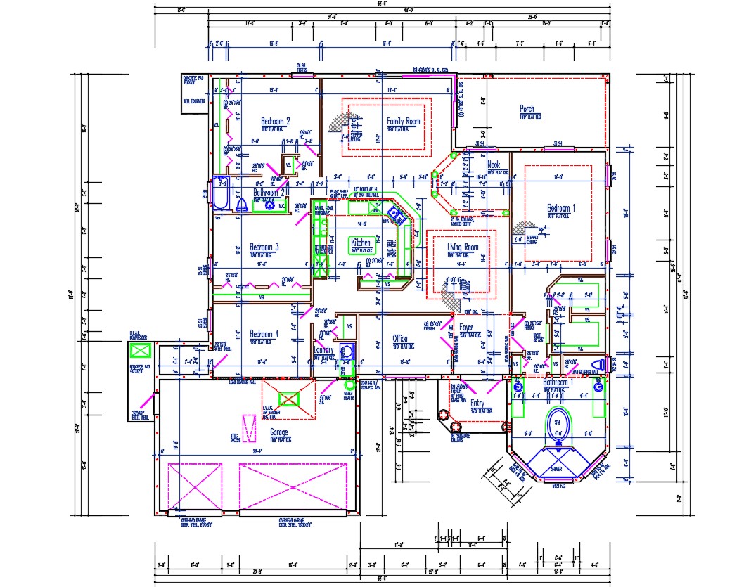 4 BHK Bungalow Working Plan AutoCAD Drawing Cadbull