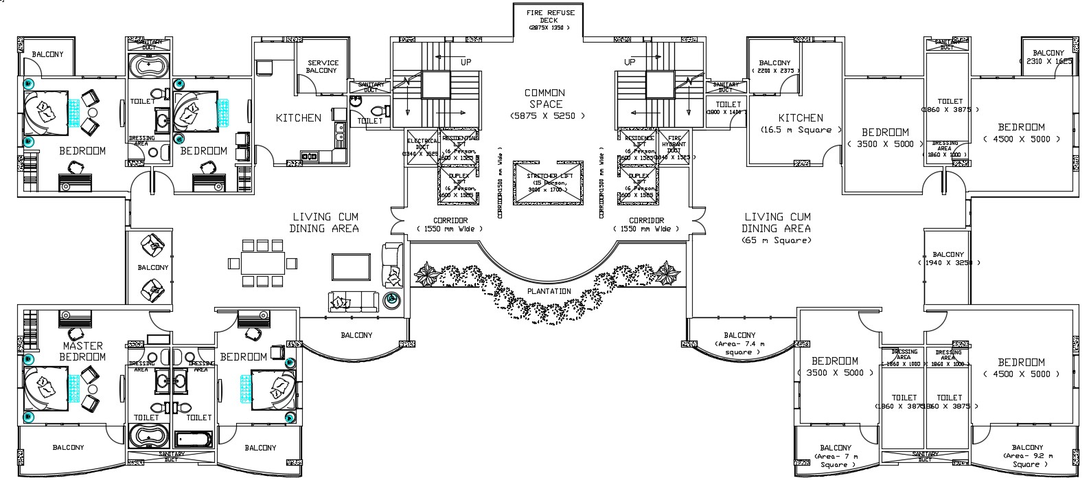 4 BHK Flat Plan Design With Furniture and texting Drawing Free File