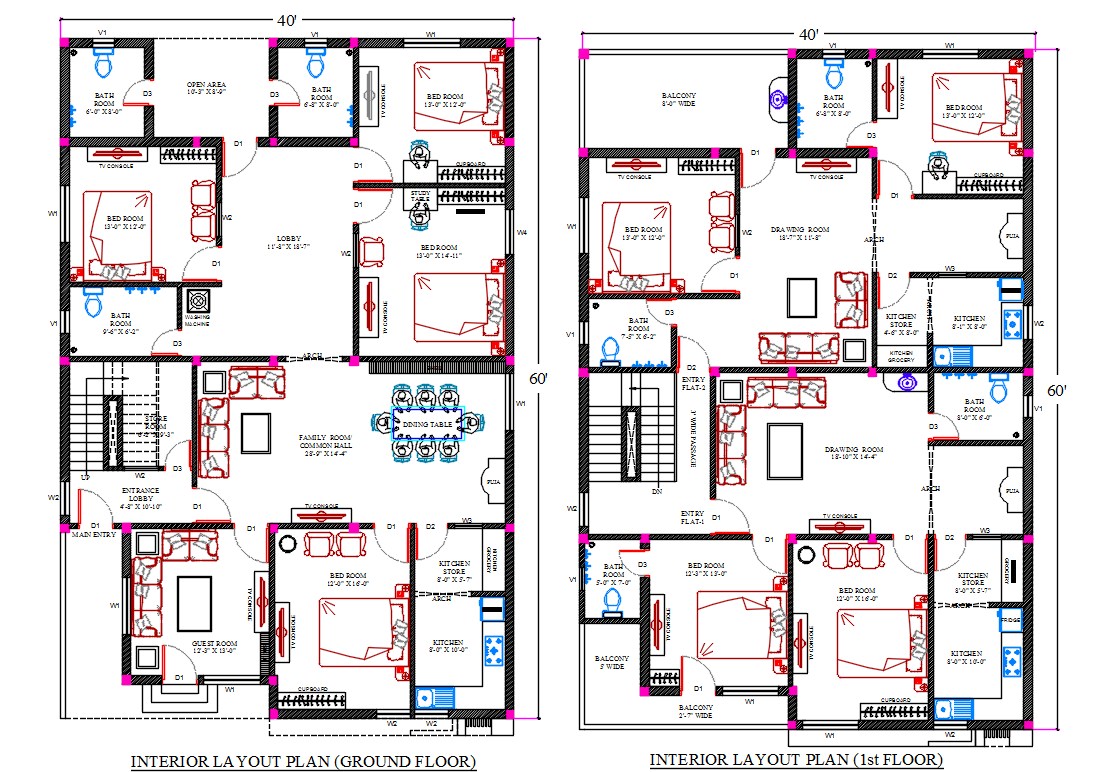 40X60 Feet House Plan With Interior Layout Plan Drawing