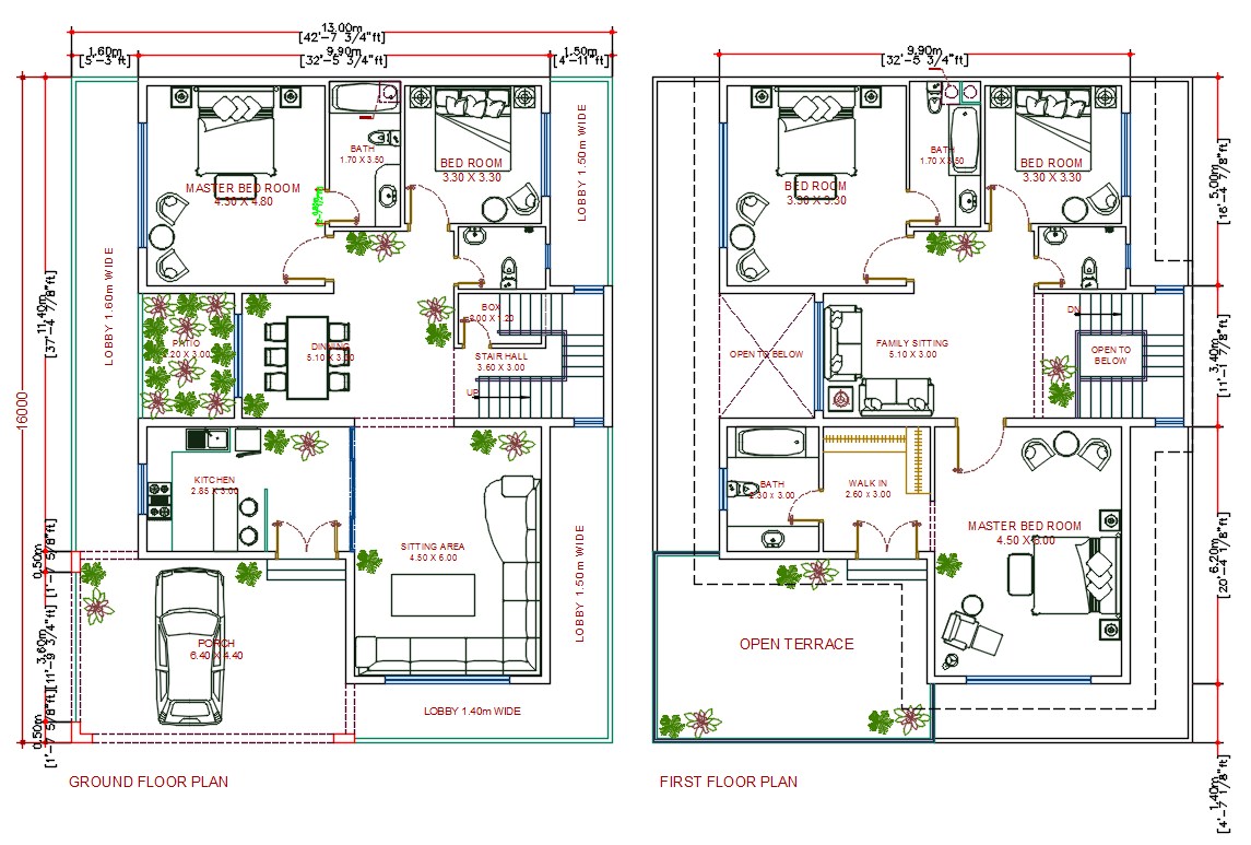 42' X 52' Architecture House Plan With Interior Furniture