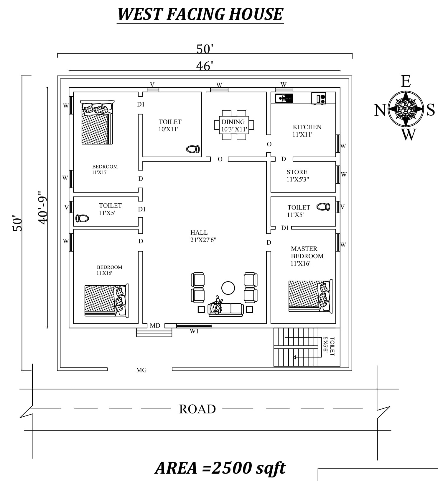 50'X50' Fully furnished west Facing 3BHk House Plan As Per Vasthu ...