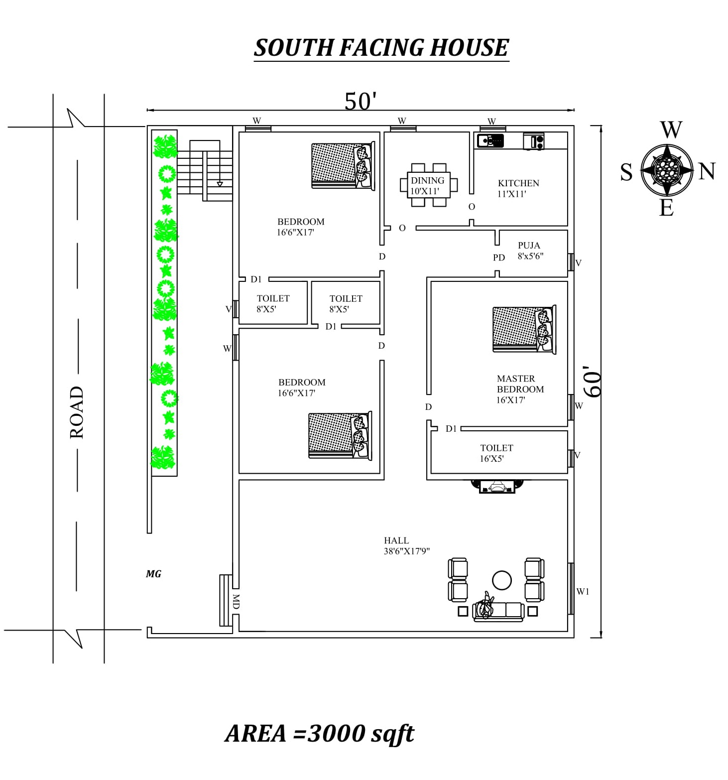 50 X60 3bhk South facing House Plan As Per Vastu Shastra 