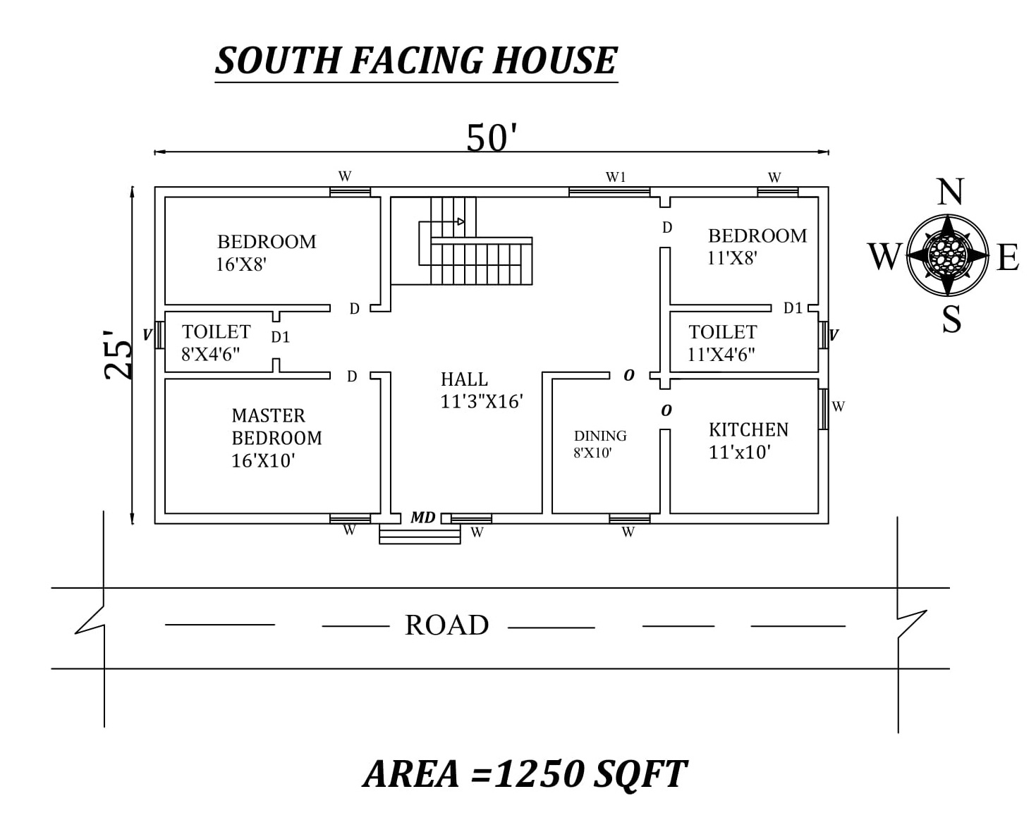 50'x25' Pretty 3bhk South Facing House Plan Drawing As Per Vastu 