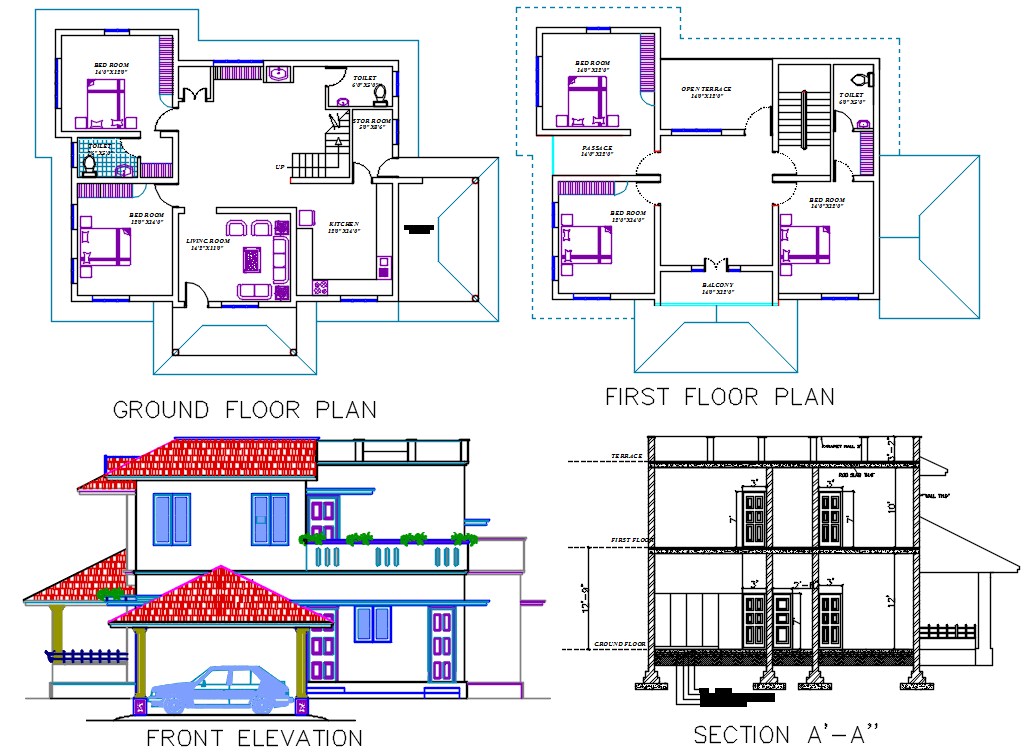 BHK House Plan With Sectional Elevation Design AutoCAD File Cadbull Designinte Com