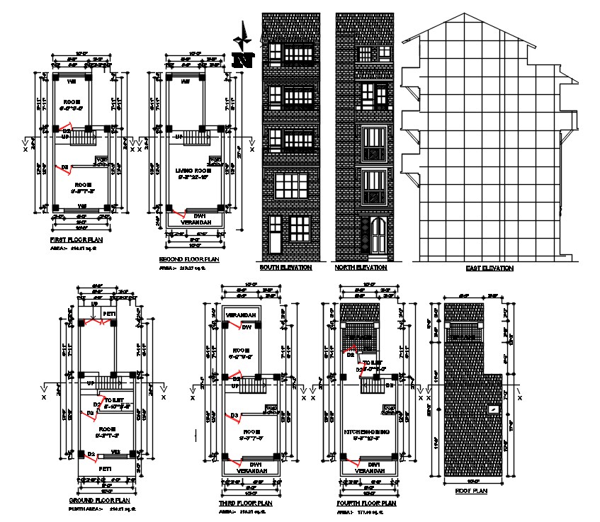 5 Storey House Building Plan And Elevation Drawing DWG