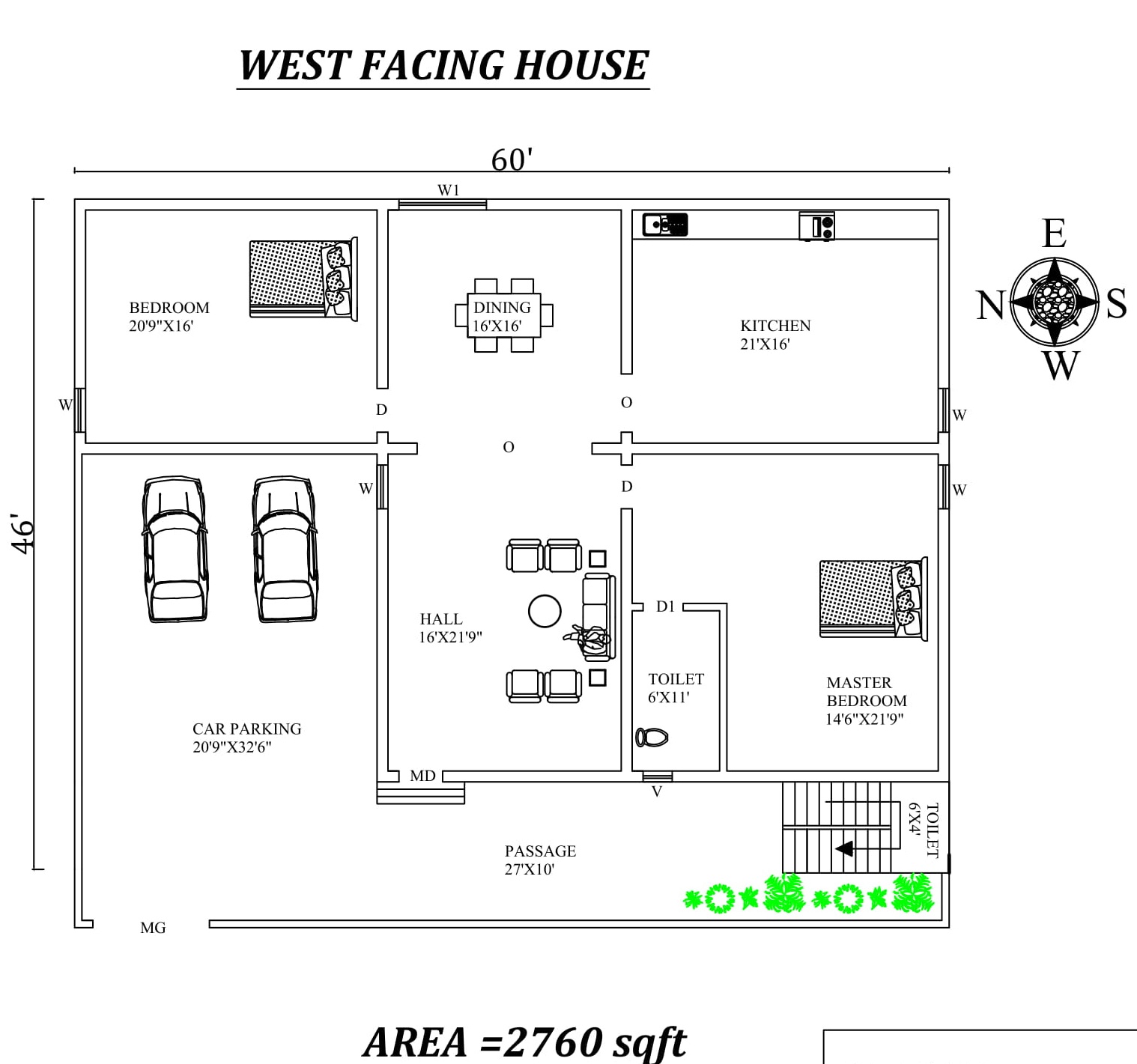 60 X46 west facing 2bhk house plan as per Vastu Shastra 