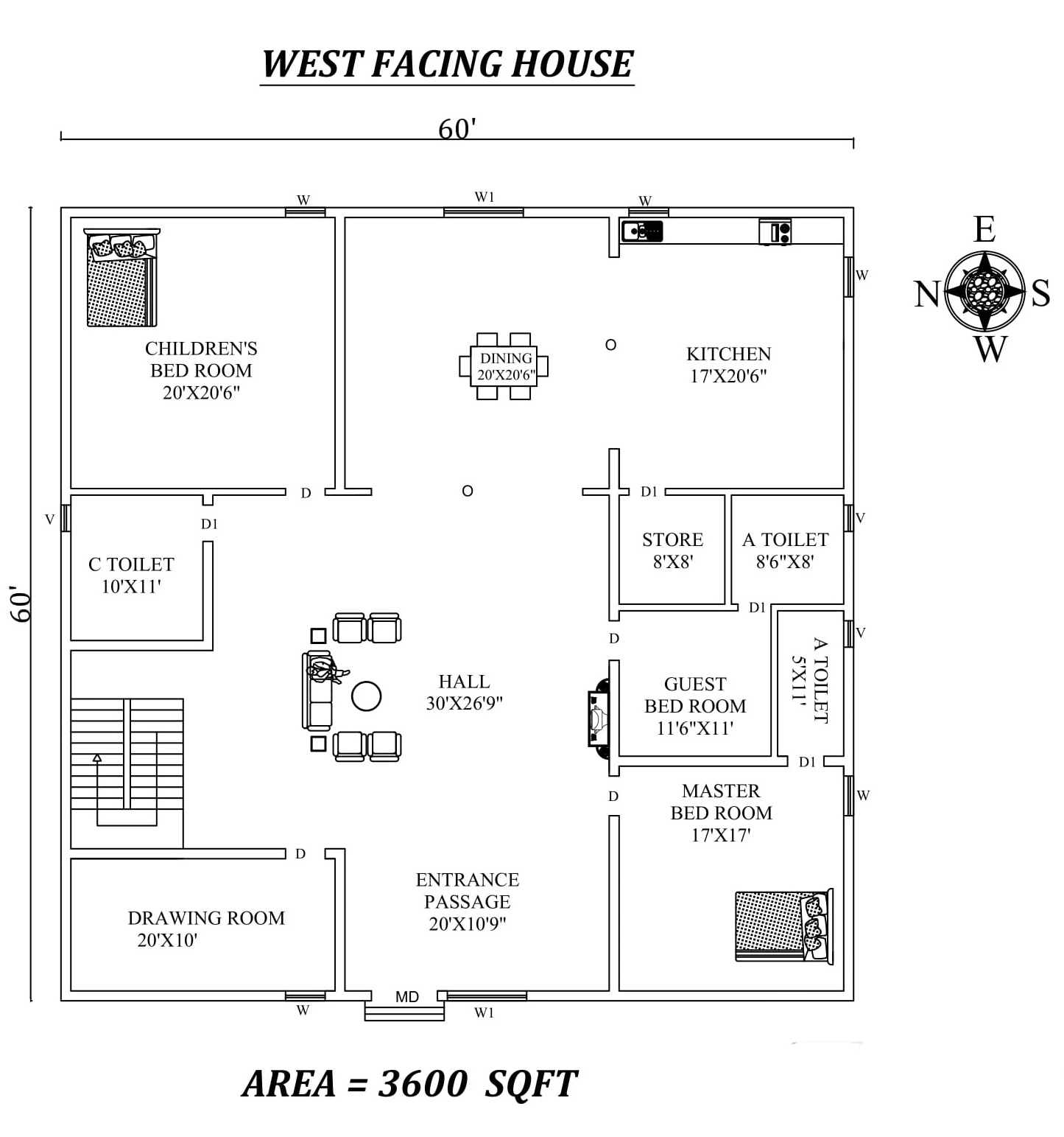 60 X 60 spacious 3bhk West facing House  Plan  As Per  Vastu  