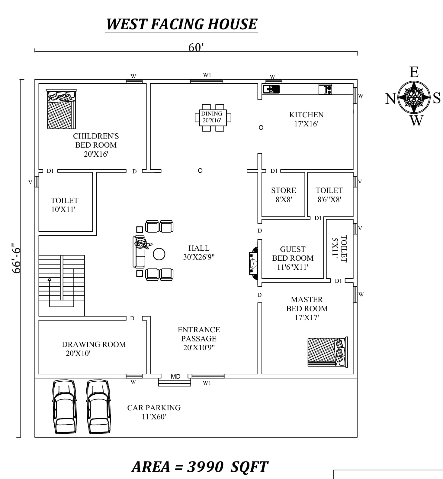 60'x66'6" Beautiful 3bhk West facing House Plan As Per