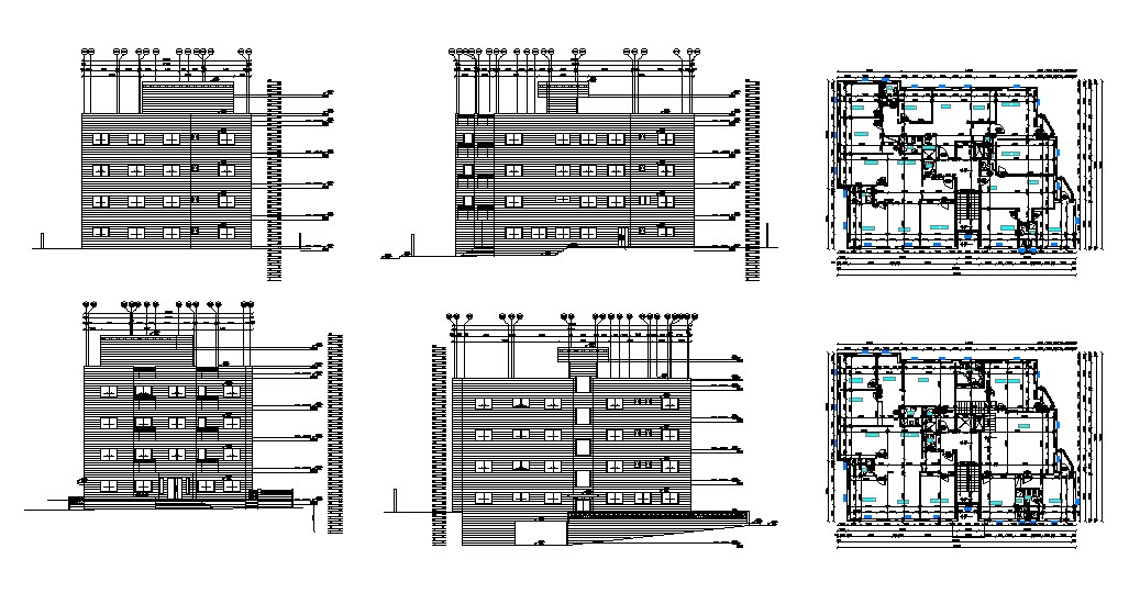 Apartment building multi-level elevation, section and plan cad drawing ...