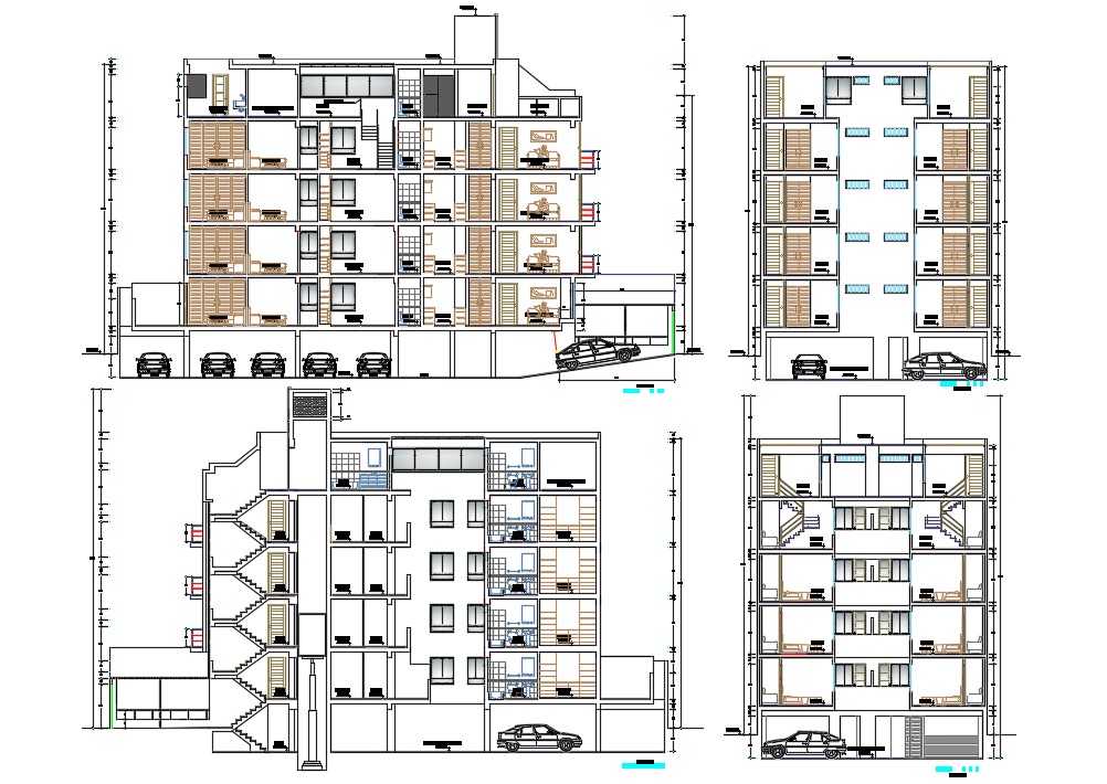 Apartment Building With Basement Parking Sectional Elevation Design Dwg File Cadbull