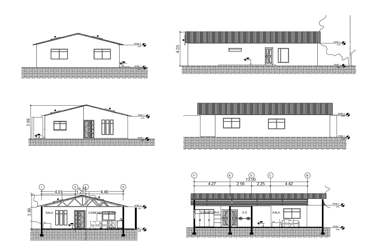 Architectural plan of the house with elevation and section in dwg file
