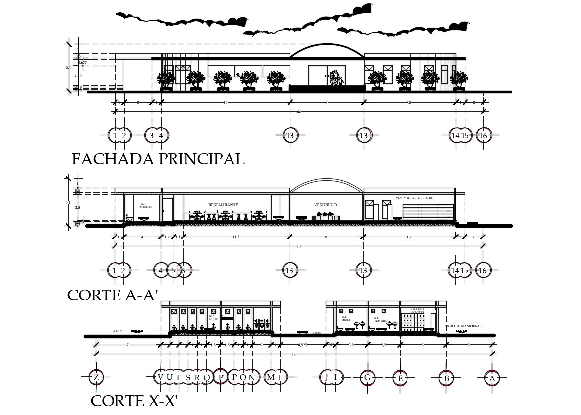 Autocad Drawing Of Restaurant Elevation And Section Design Dwg File