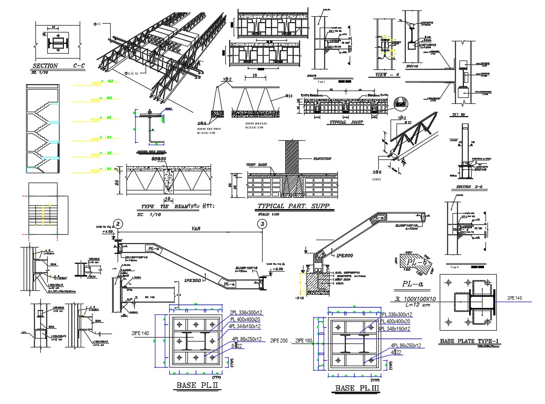 Autocad Drawing Structure Truss Stair I Section And Framing Design Dwg 