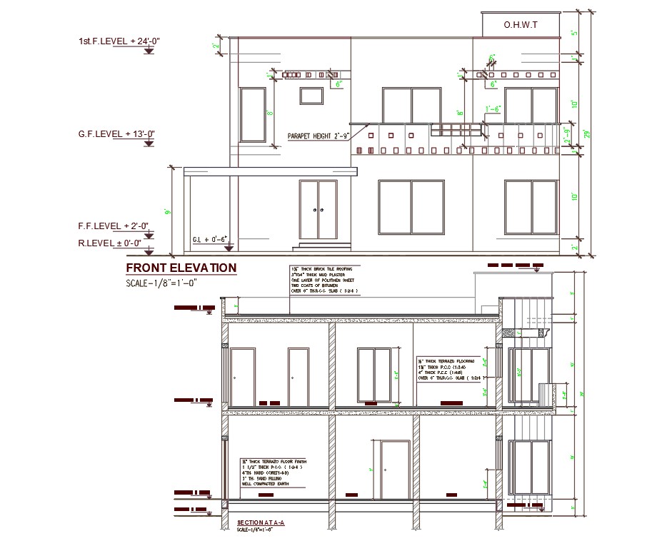 Autocad 2d Cad Drawing Of Architecture Double Story House Building Section And Elevation Design
