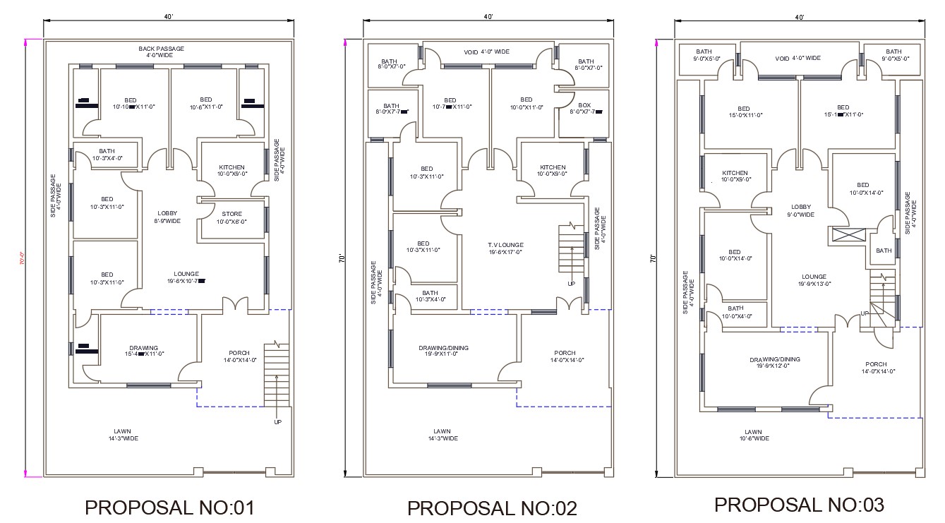 AutoCAD DWG File Shows 40'X70' Three Various Types Of 2 BHK House Plan ...