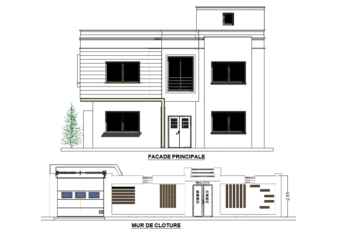 Autocad House Front Elevation And Closing Wall Design Dwg File Cadbull
