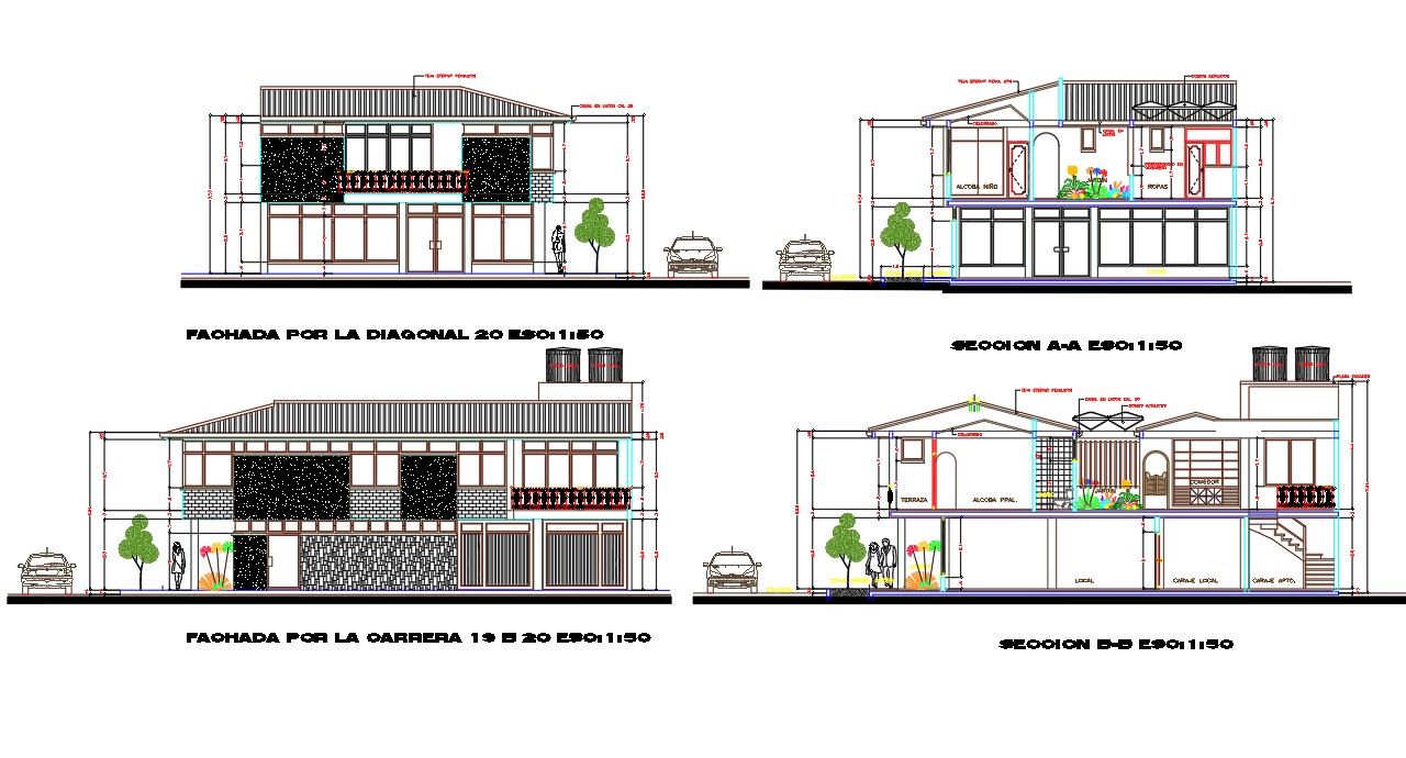 AutoCAD Modern House Building Sectional Elevation Design 