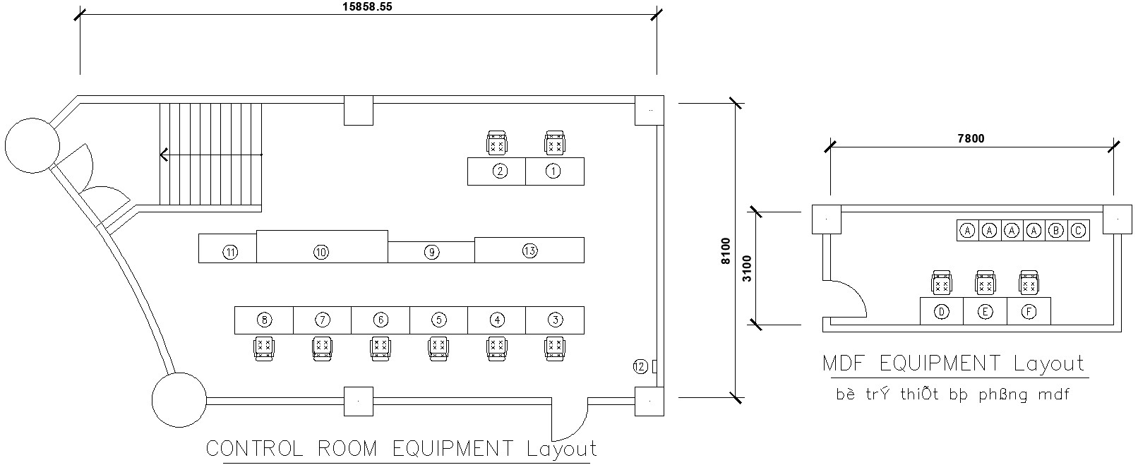 AutoCAD file shows the details of the MDF and control room equipment ...