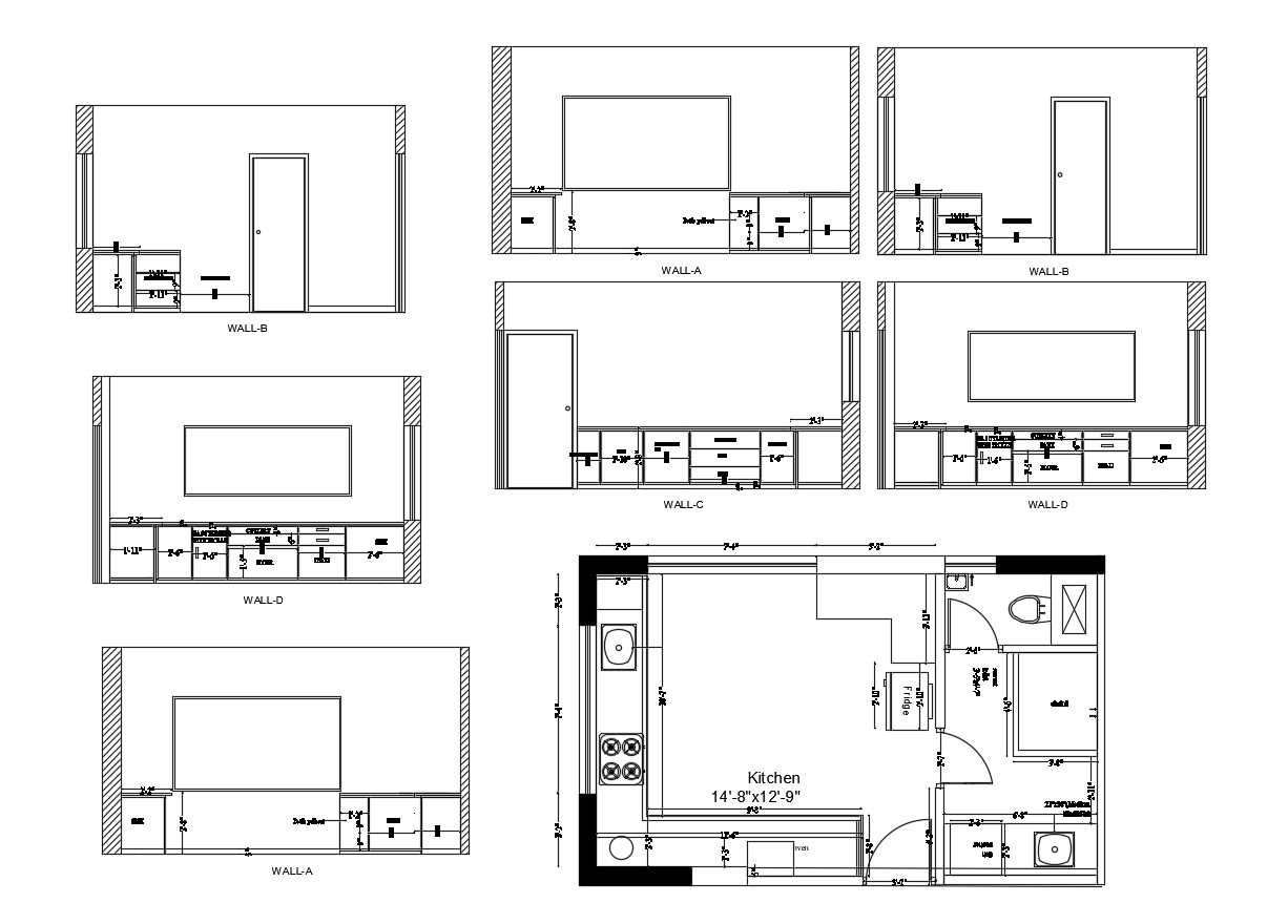 Autocad drawing of kitchen layout with elevations - Cadbull