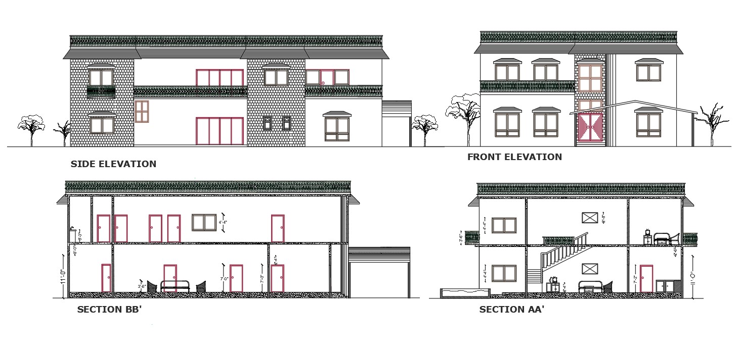  Autocad  Drawing file  of G 1  house  beautiful front and side 