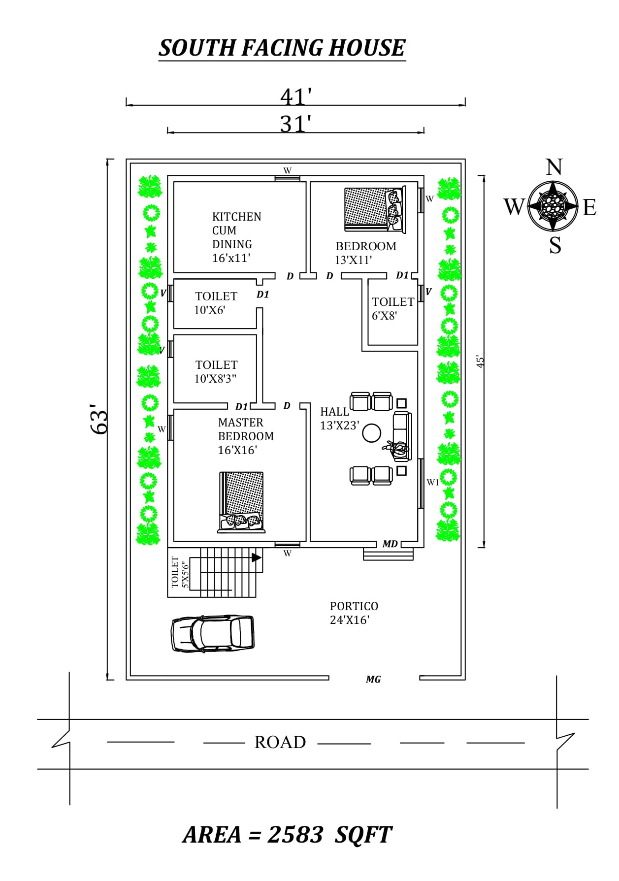 Autocad Drawing of 41'x63' awesome south-facing 2BHK house plan as per ...