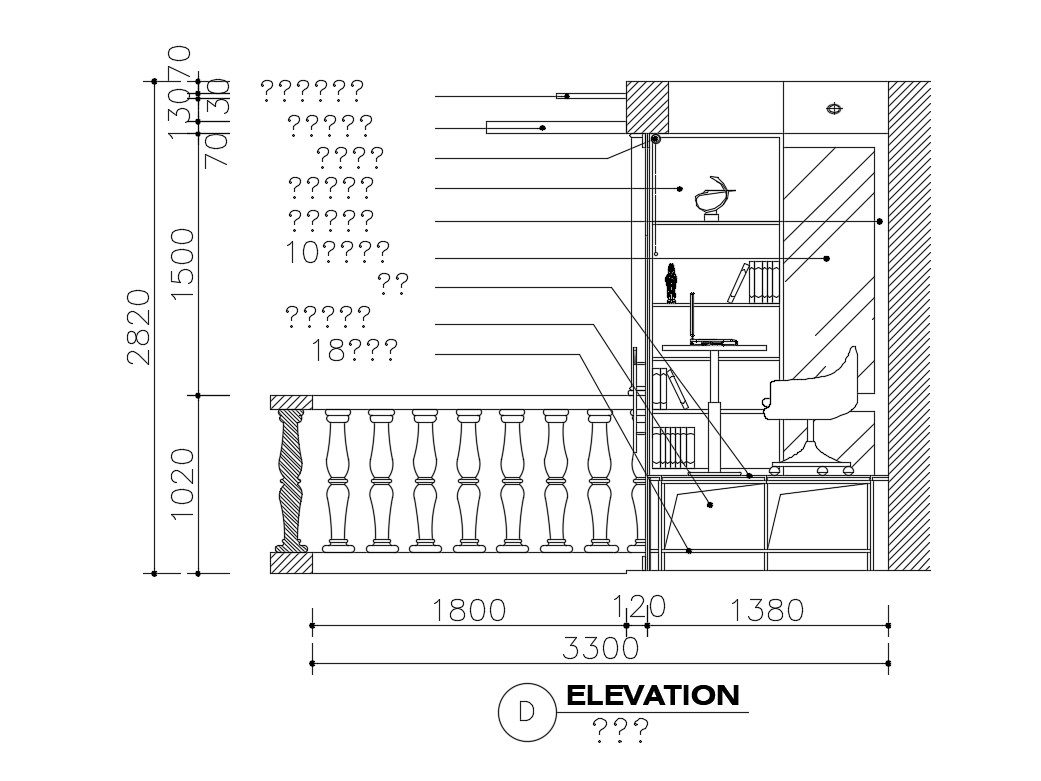 Balcony Attach To Bedroom And Desk Elevation Cad Drawing Details