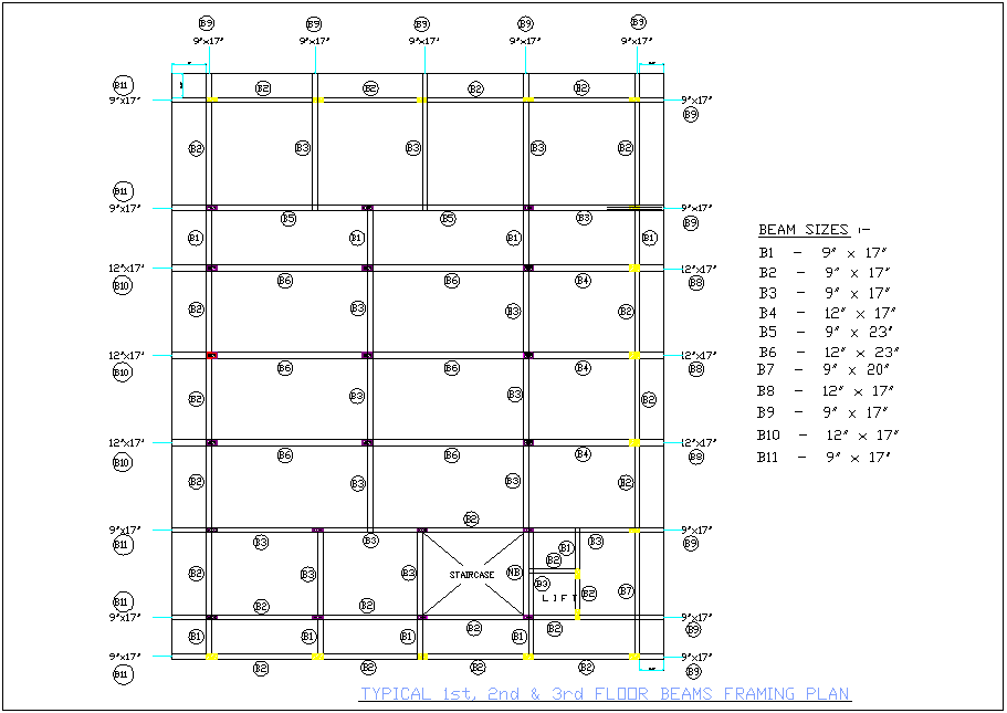 Beam Framing Plan For First To Third Floor With Size Of Structure View For Office Area Dwg File ...