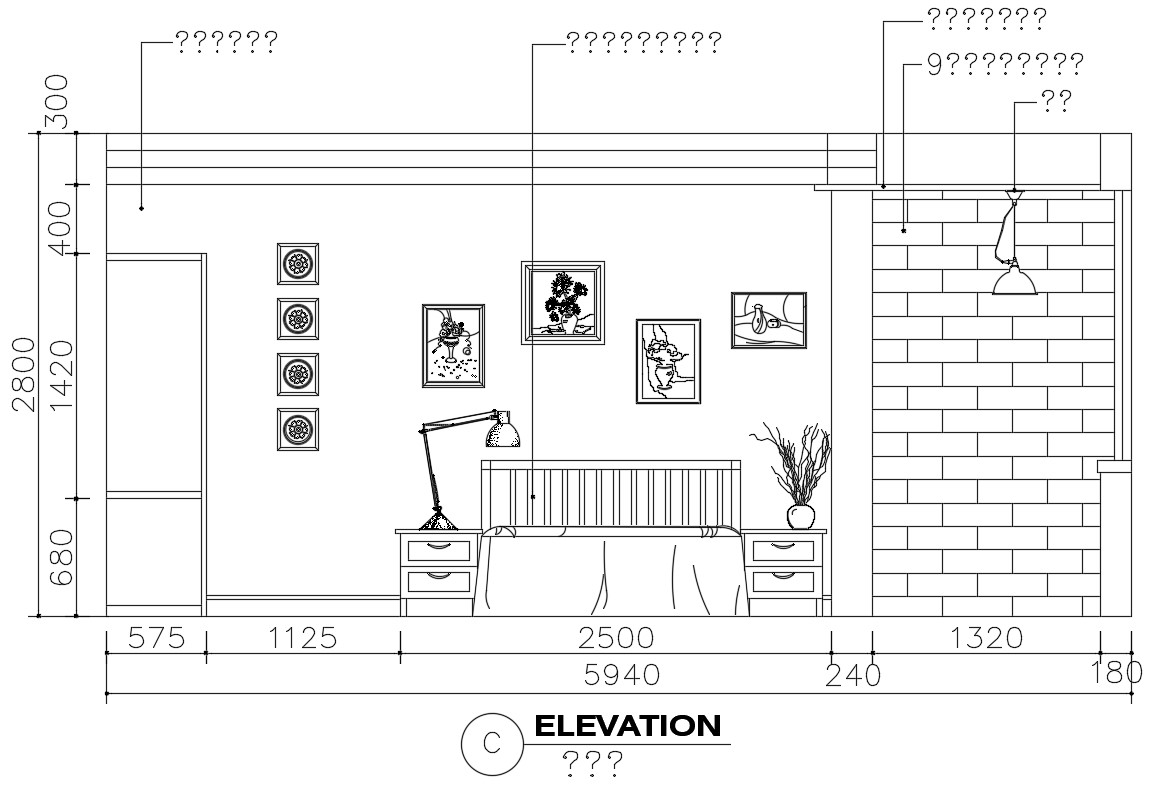 Bedroom elevation with furniture layout cad drawing 