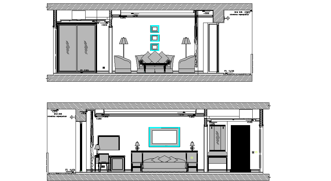 sectional elevation of living room