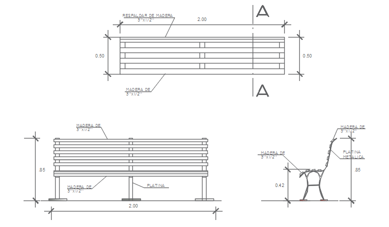 Bench plan, elevation and section detail dwg file - Cadbull