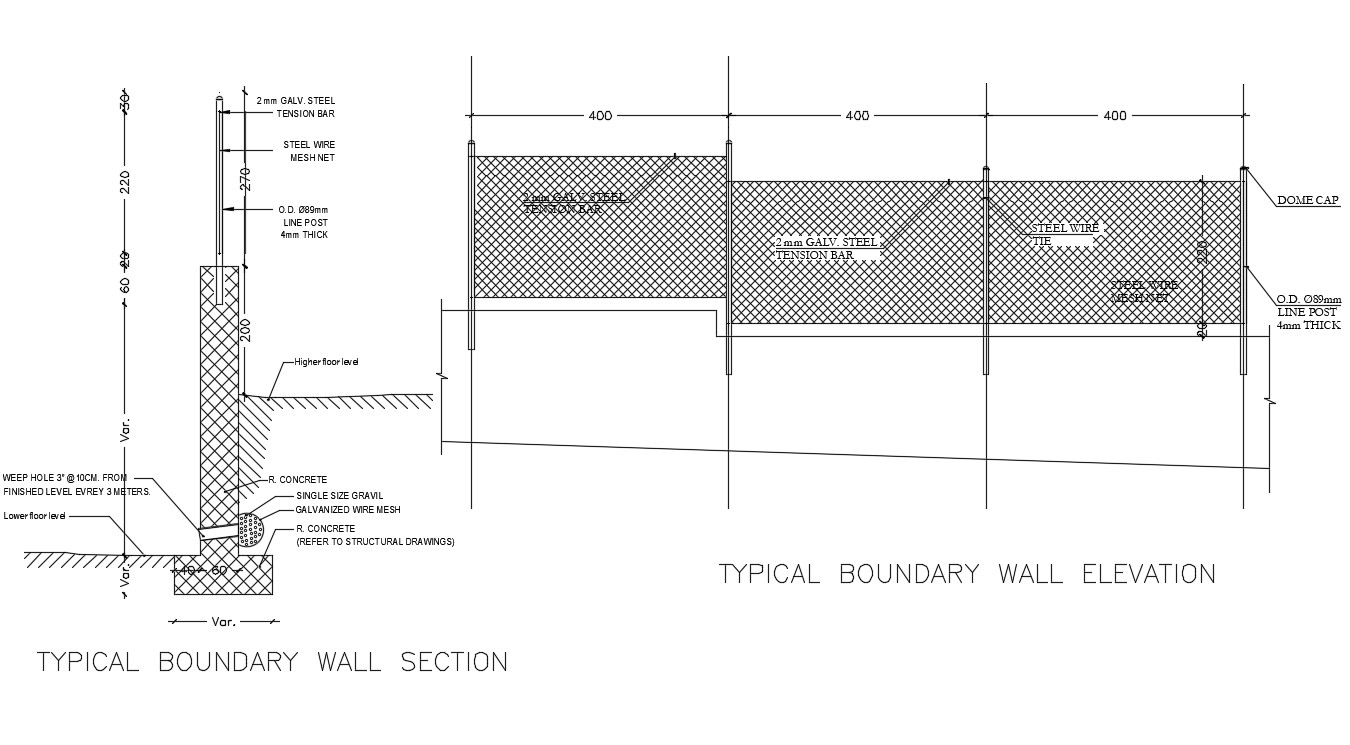 Simple Boundary Wall Design Cad Detail Plan Elevation And Section Images