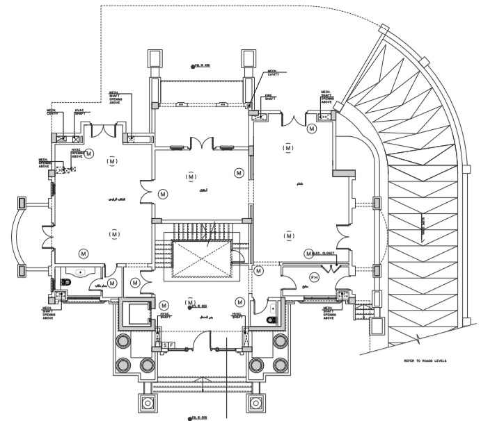 Building ground floor plan with fire alarm system detail