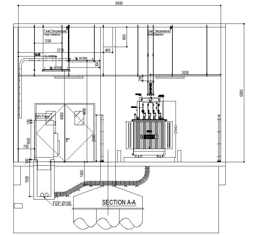 CAD DWG drawing file of the transformer room elevation and section