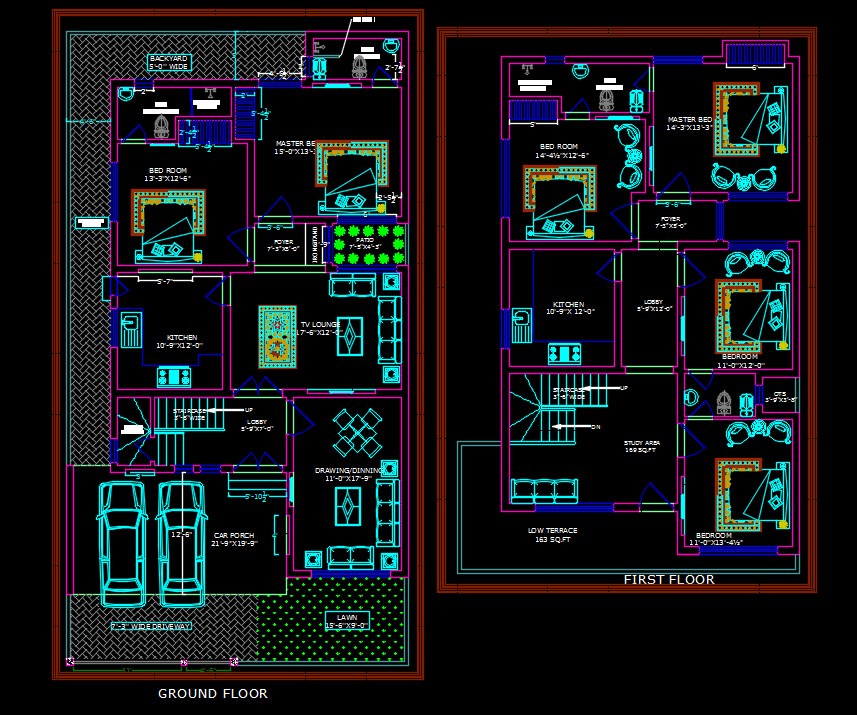 Car parking Architecture House Ground Floor And First Floor Plan DWG ...