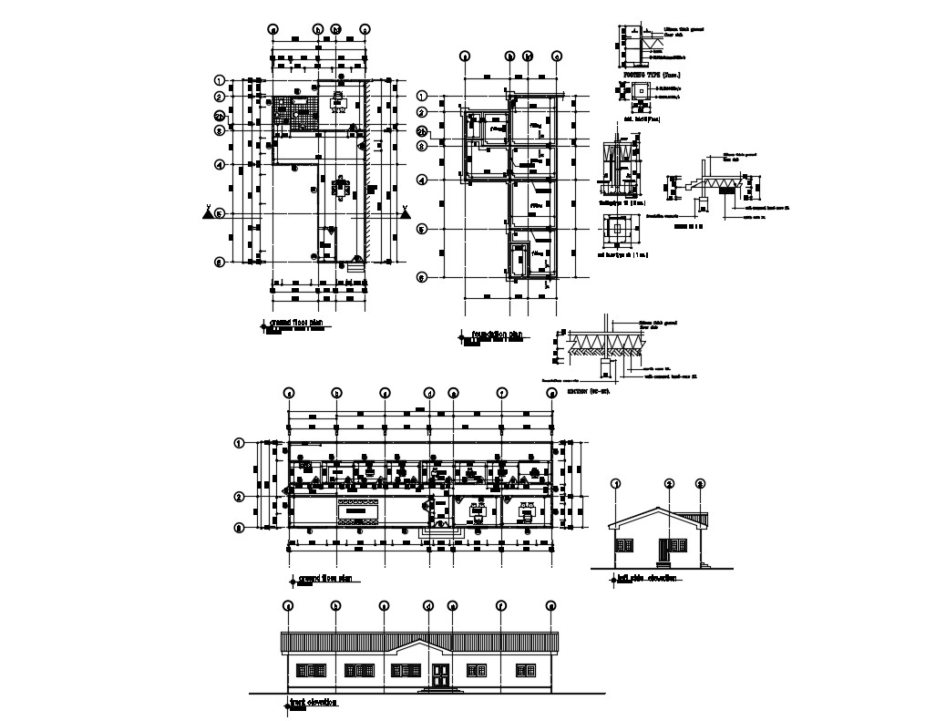 Church office elevation, section, ground floor and foundation plan ...