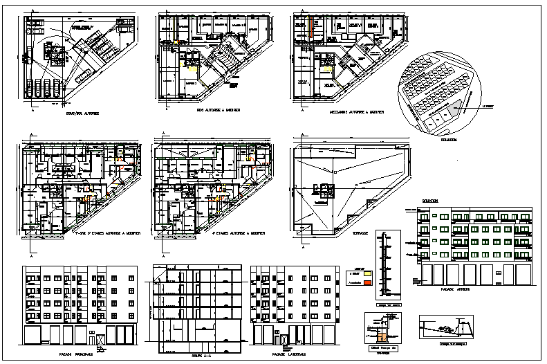 Commercial building floor plan detail and elevation view detail dwg