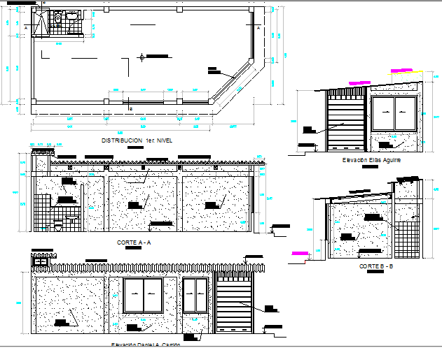 Commercial store elevation, section and plan details dwg 