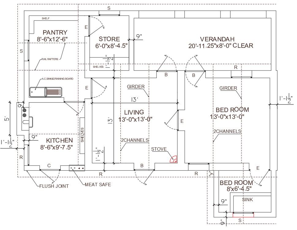DWG file  of Single story ground floor 2  bhk  house  plan  of 