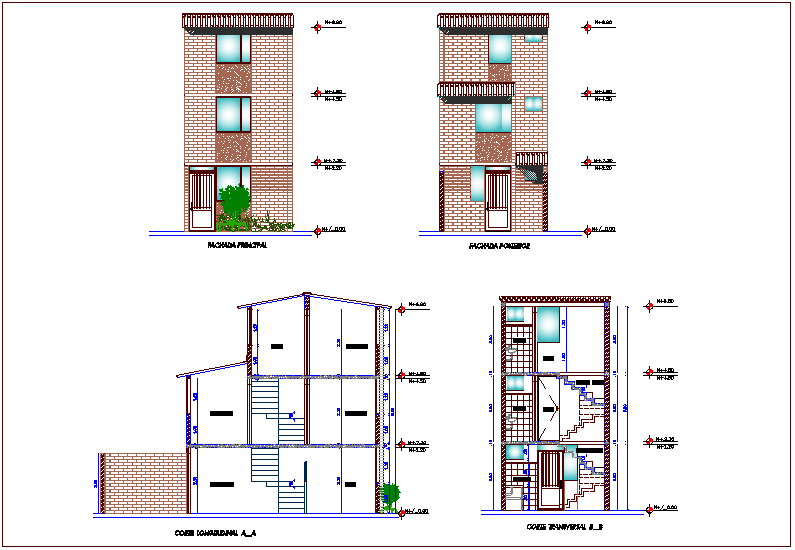 Different Axis Elevation And Section View For Residential Building Dwg