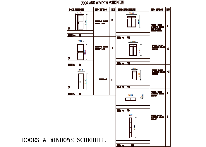 Door and window schedule detail dwg file - Cadbull