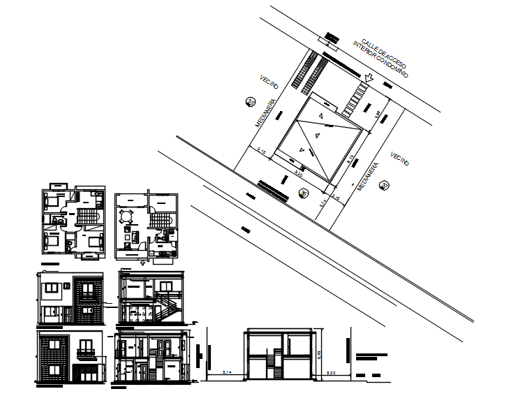 Drawing of 2 storey House with section and elevation in 