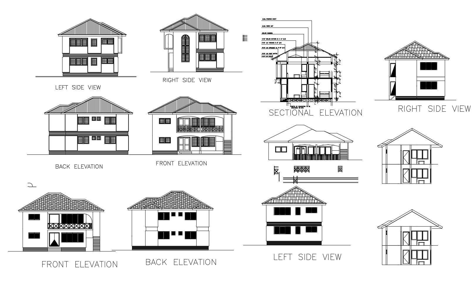 Drawing of house plan with elevation details in dwg file - Cadbull