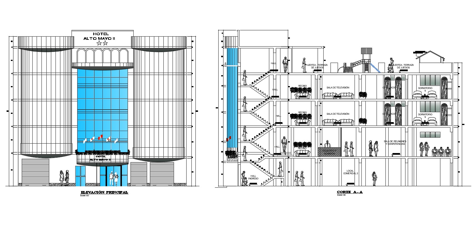 Elevation And Section View Of Hotel In Auto Cad Software Cadbull My