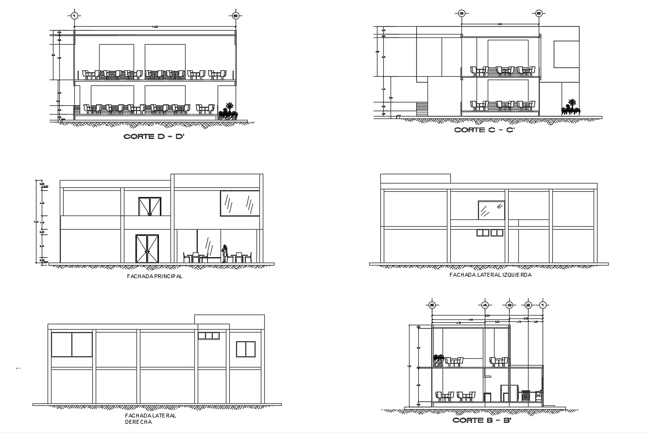 Dwg file of sectional elevations of cafe - Cadbull