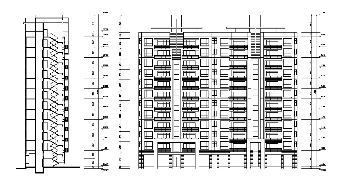 Elevation And Section Luxury Apartments Building AutoCAD File - Cadbull