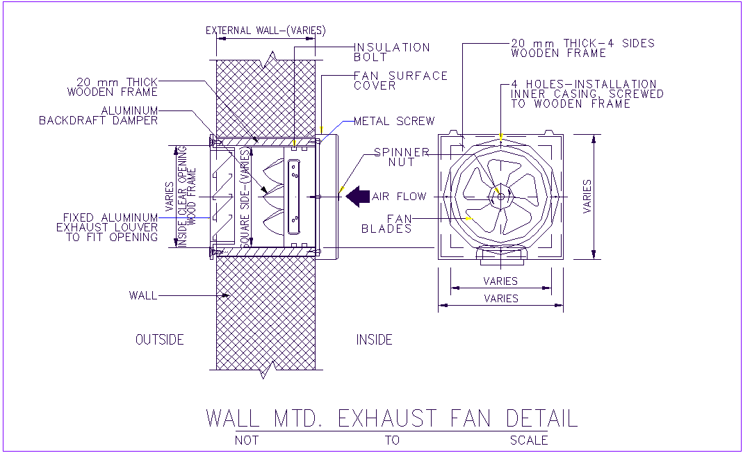 Exhaust fan with wall mounted sectional view with fan plan
