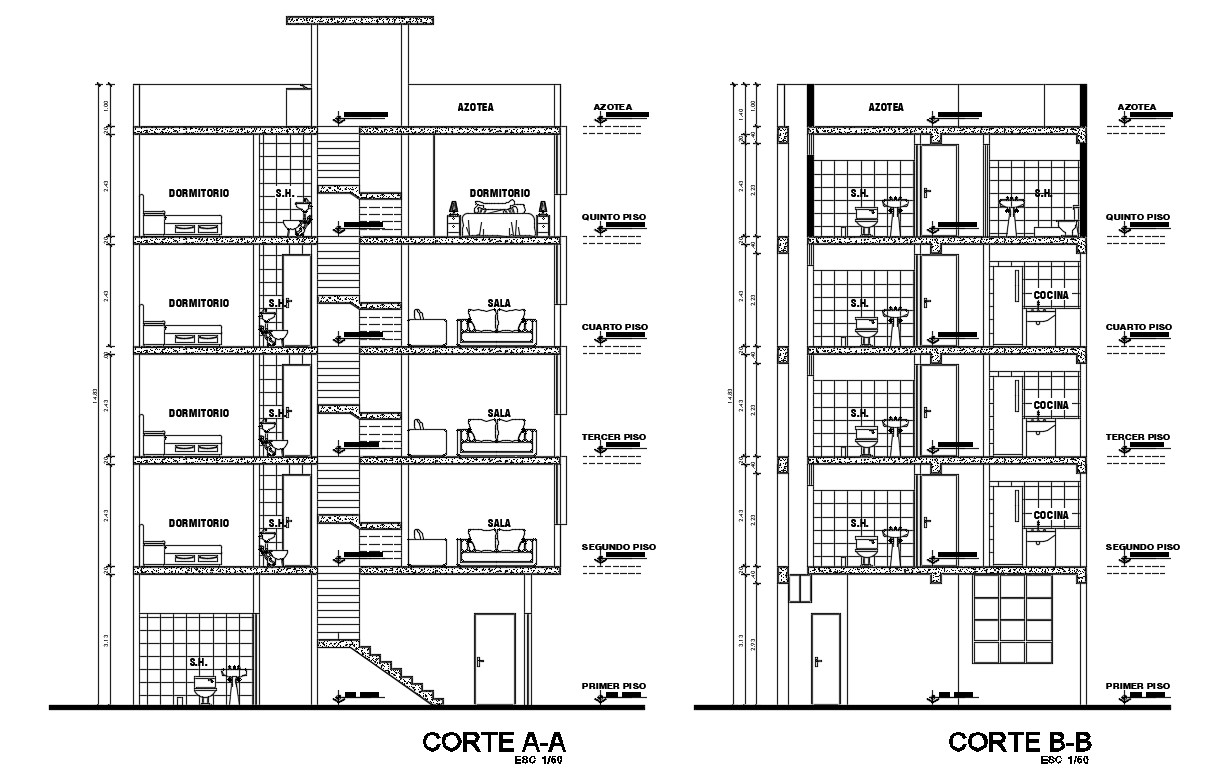 Facade and back sectional details of multi-story apartment building dwg ...