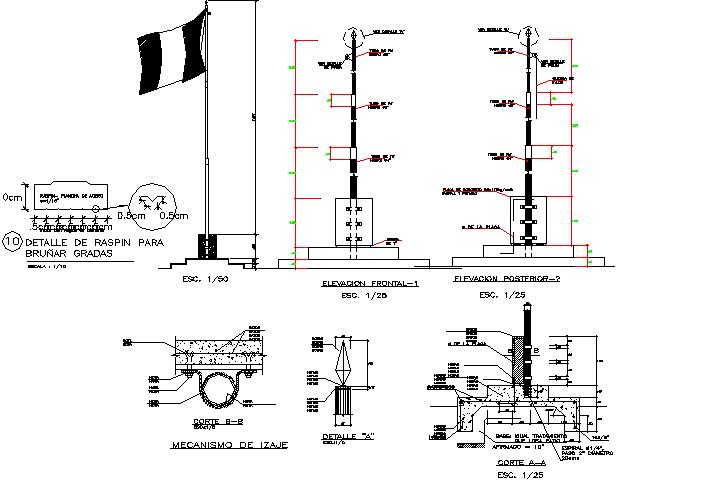 Flag Pole Sectional Elevation Details - Cadbull